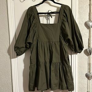 A New Day Baby Doll Tiered Mini Dress Olive Green Size Large Puff Sleves